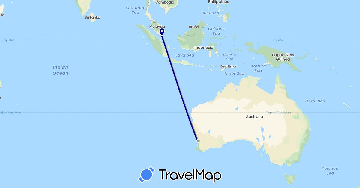 TravelMap itinerary: driving, bus, plane, train in Australia, Singapore (Asia, Oceania)